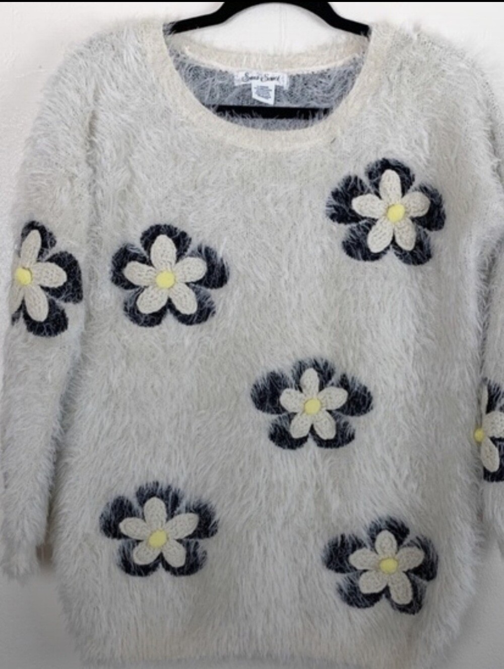 Floral Fuzzy Crewneck Sweater - White with Black & Yellow Flower Accents